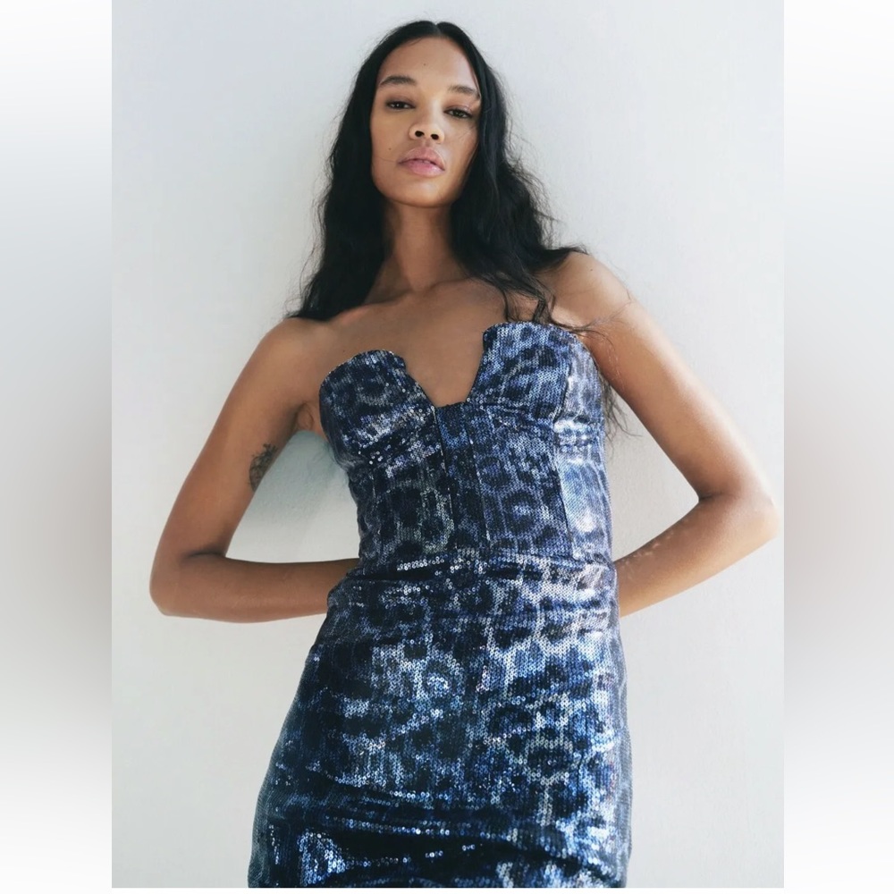 NWT ZARA Short Blue Black Sequin Dress Animal Leopard Print Strapless Corset